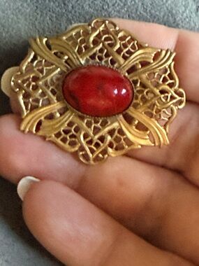 Vintage West Germany Filigree Brooch Gold Tone Red Cabochon Faux Coral Statement